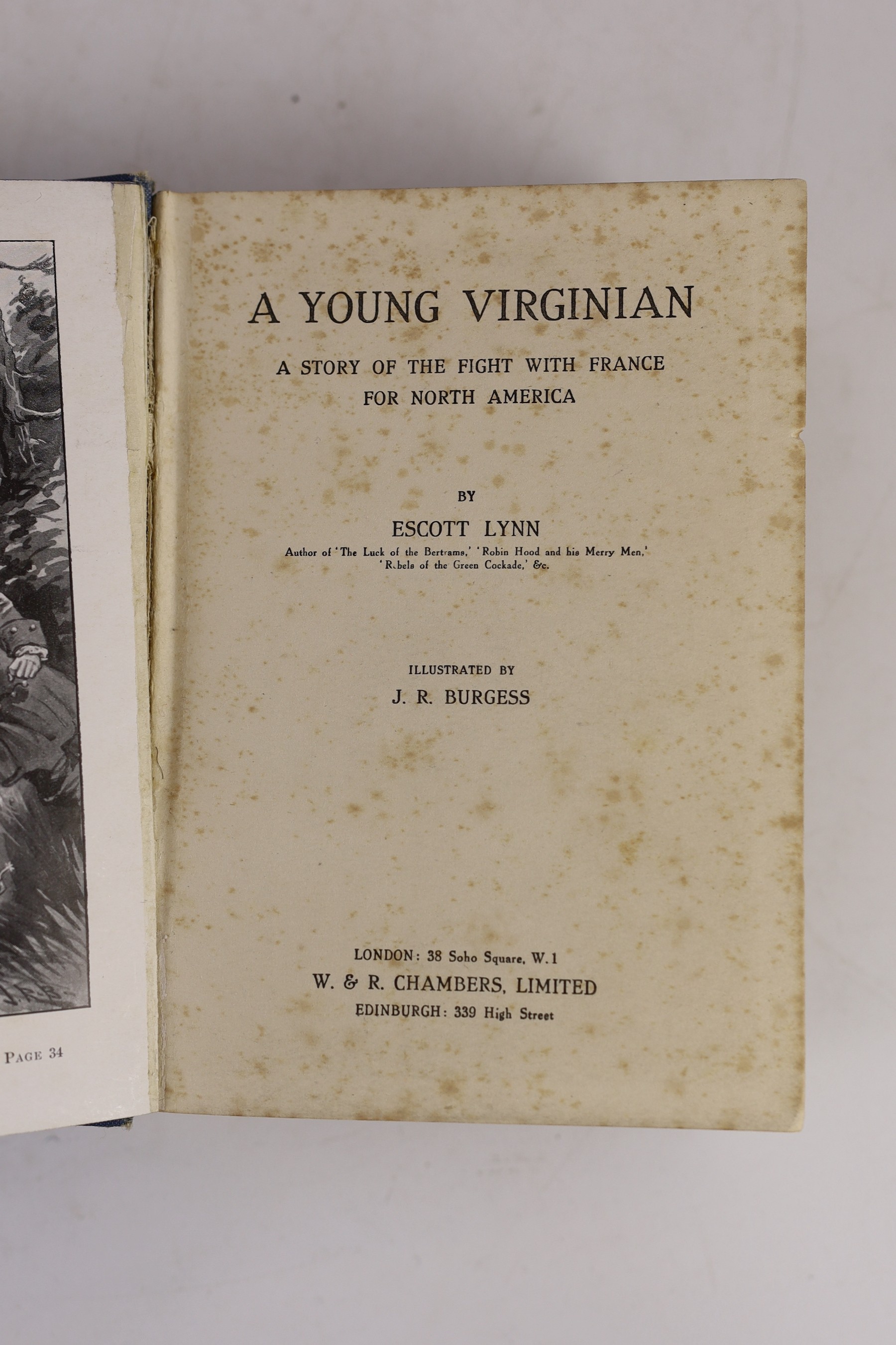 Original Artwork - John Riddle Burgess (1886-1966) - A set of four en grisaille illustrations for A Young Virginian, together with the original coloured artwork for the cover, by Escott Lynn, signed monograms, 28 x 21cms